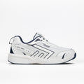 The Men's White/Navy BILLY Limitless 253 by BILLY Footwear is a white athletic sneaker with navy accents, mesh panels, geometric side patterns, a chunky sole, easy-on/easy-off design, and a heel pull tab.