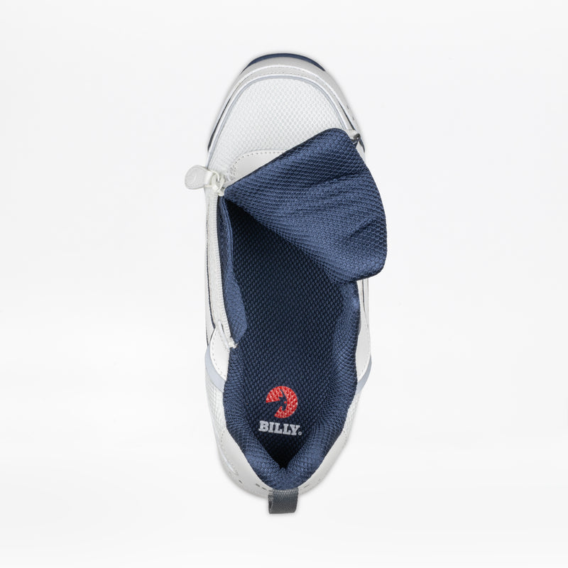 A top view of the Men's White/Navy BILLY Limitless 253 by BILLY Footwear shows a white sneaker with a navy interior, side zipper fully open, and an insole featuring a red BILLY logo—designed for easy on/off convenience.