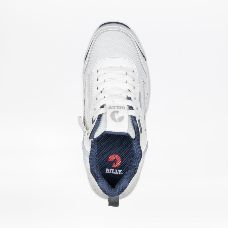 Top view of the Men's White/Navy BILLY Limitless 253 by BILLY Footwear, featuring white with navy accents, a navy mesh tongue, side zipper for easy access, white laces, and BILLY branding on the tongue and insole—designed for easy-on/easy-off wear.