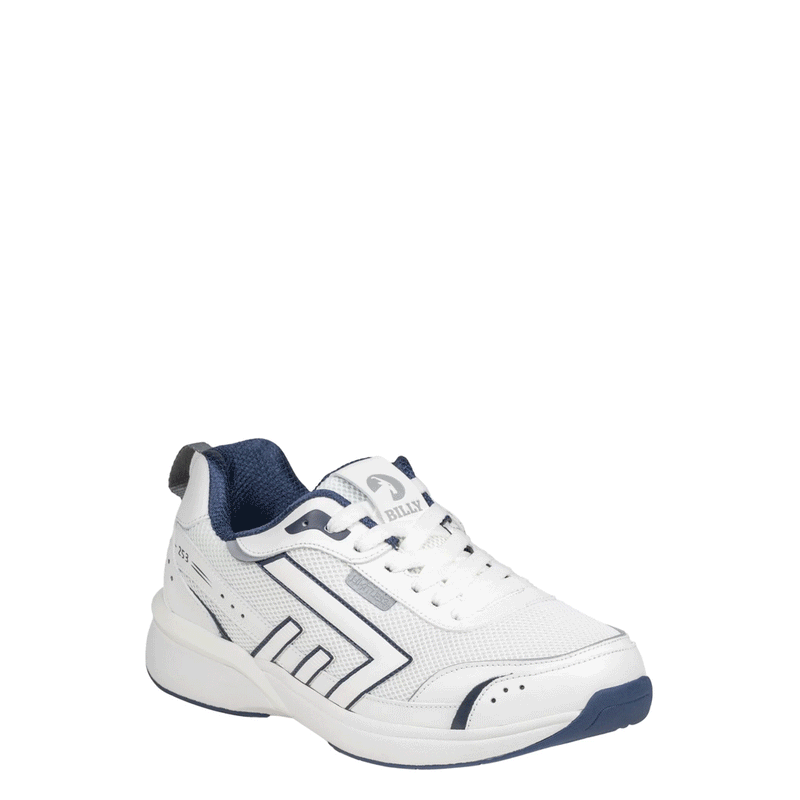 The Men's White/Navy BILLY Limitless 253 by BILLY Footwear is a white athletic shoe with navy accents, perforated details, thick sole, lace-up front, dark blue lining, and features the stylized logo on the side plus branding on the tongue.
