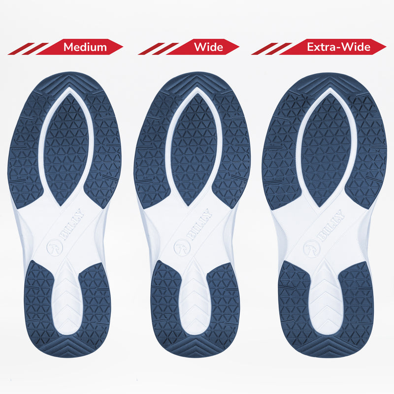 The Men's White/Navy BILLY Limitless 253 by BILLY Footwear features three white and blue textured outsoles—Medium, Wide, and Extra-Wide—highlighting adjustable width options for a customized fit.