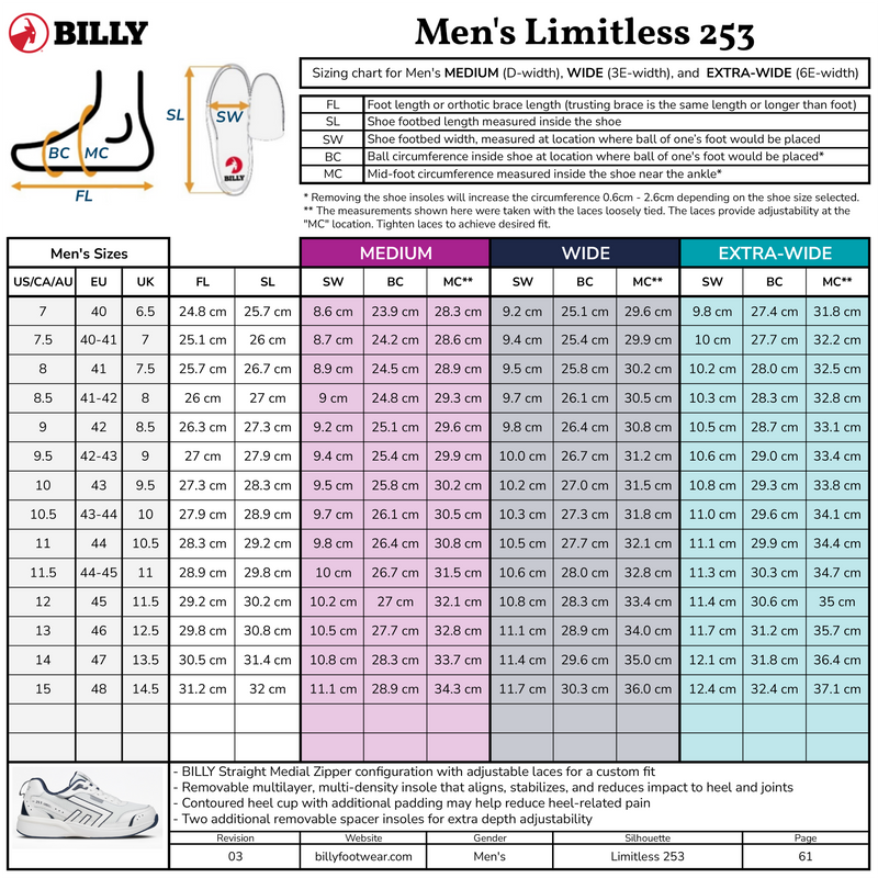 Billy Men's Limitless 253 shoe size chart with measurements and specifications.