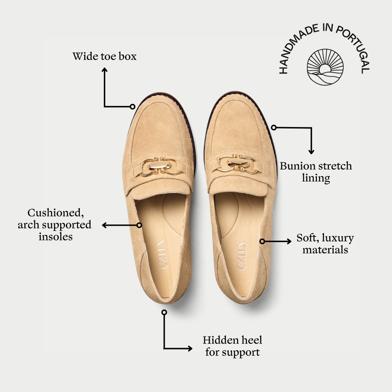 Beige loafers with features highlighted on a white background