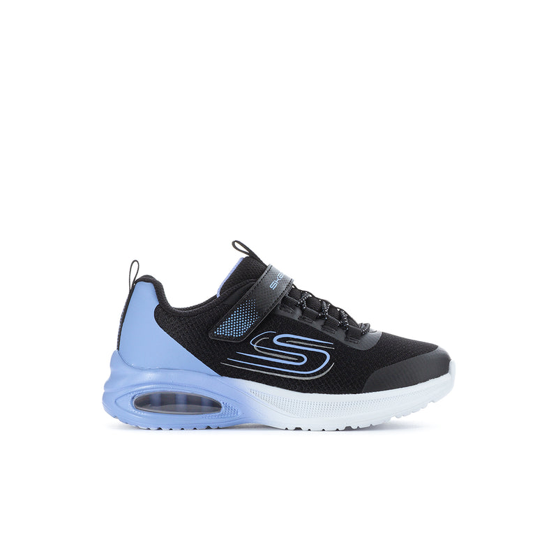 Kids' black mesh sneakers with light blue accents and air-cushioned sole