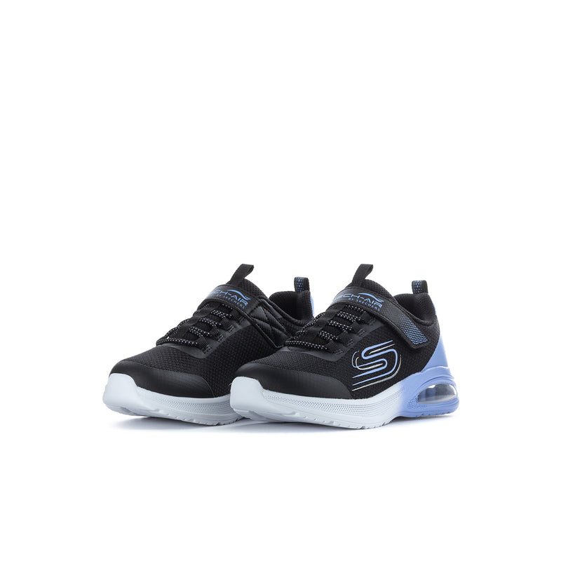 Kids' black sneakers with light blue heel trim and air-cushioned sole