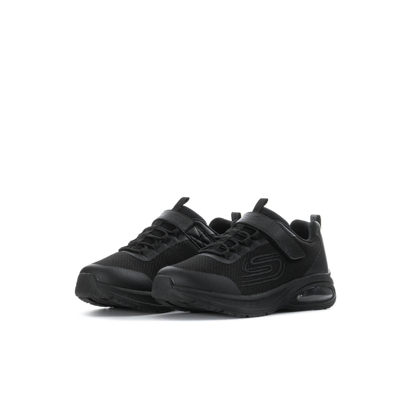 Kids' black lace-up sneakers, side view with textured logo and chunky midsole