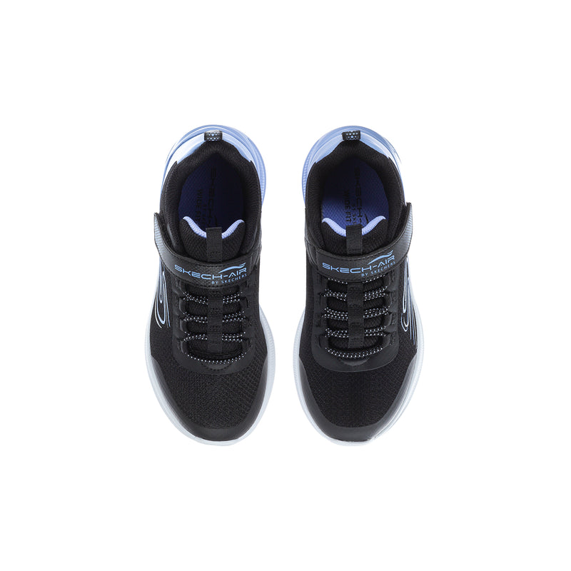 Kids' black sneakers with blue pull tabs and lace-up front