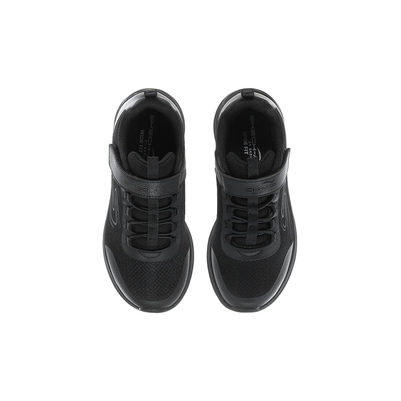 Kids' black sneakers top view with lace pattern and cushioned tongue