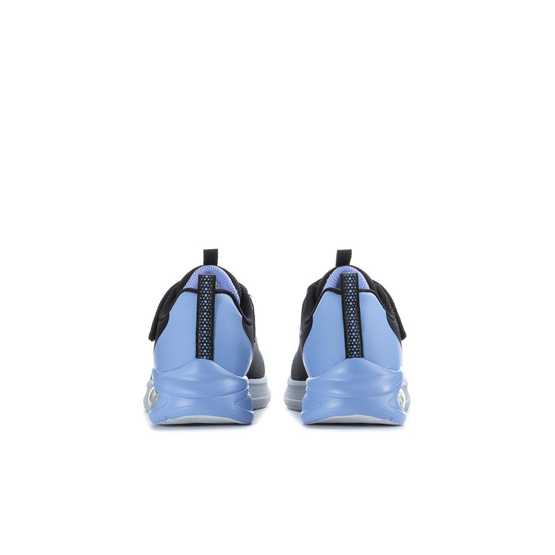 Kids' black sneakers with light blue heel backs and padded collar