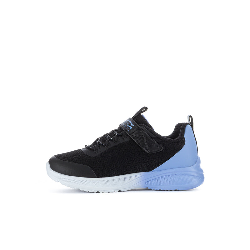 Kids' black sneakers with light blue side panel and lace-up closure