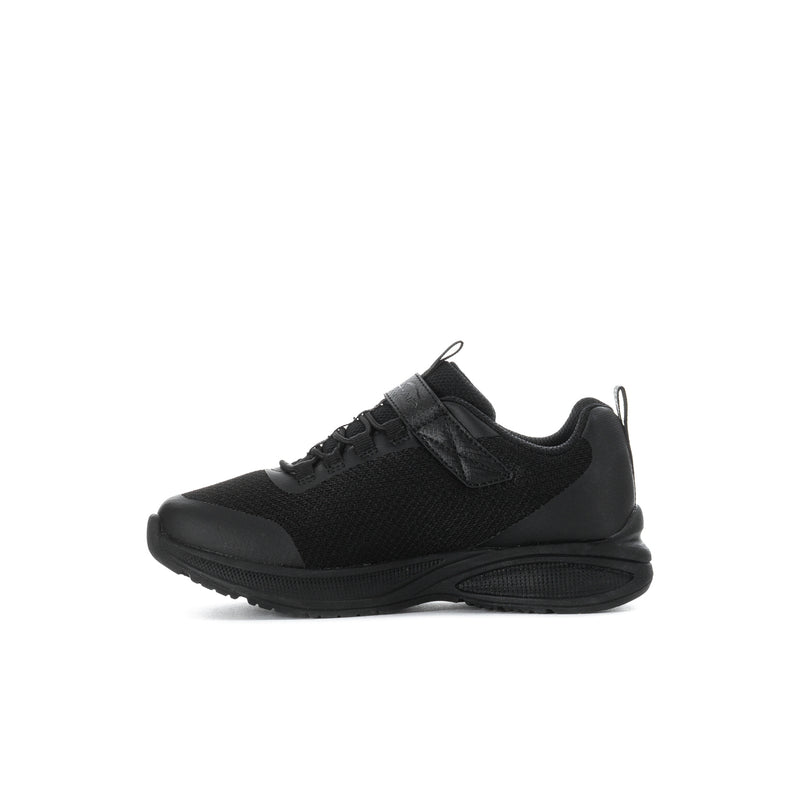 Kids' black lace-up sneakers with overfoot strap detail and textured upper