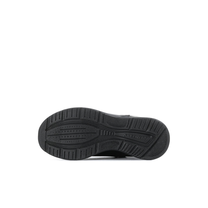 Kids' black sneaker outsole view with tread pattern and traction grooves