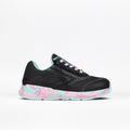 The BILLY Footwear Midnight Mermaid BILLY Goat is a black kids' adaptive sneaker with turquoise and pink accents, a matching camo-patterned sole, turquoise laces, and side zipper, shown on a white background.