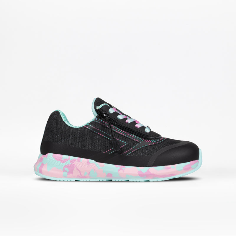 The BILLY Footwear Midnight Mermaid BILLY Goat is a black kids' adaptive sneaker with turquoise and pink accents, a matching camo-patterned sole, turquoise laces, and side zipper, shown on a white background.