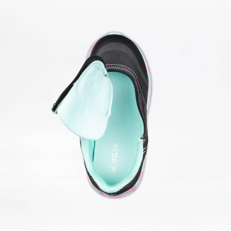 Top view of the Midnight Mermaid BILLY Goat kids' adaptive sneaker by BILLY Footwear in black, featuring a turquoise insole, open tongue with visible BILLY logo, turquoise lining, and AFO-friendly design on a white background.
