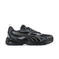 Men's Puma two-tone running shoes in black, gray and silver, lace-up mesh upper