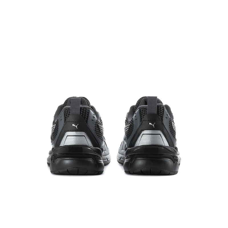 Men's Puma running shoes, heel view, black with gray panels and cushioned midsole
