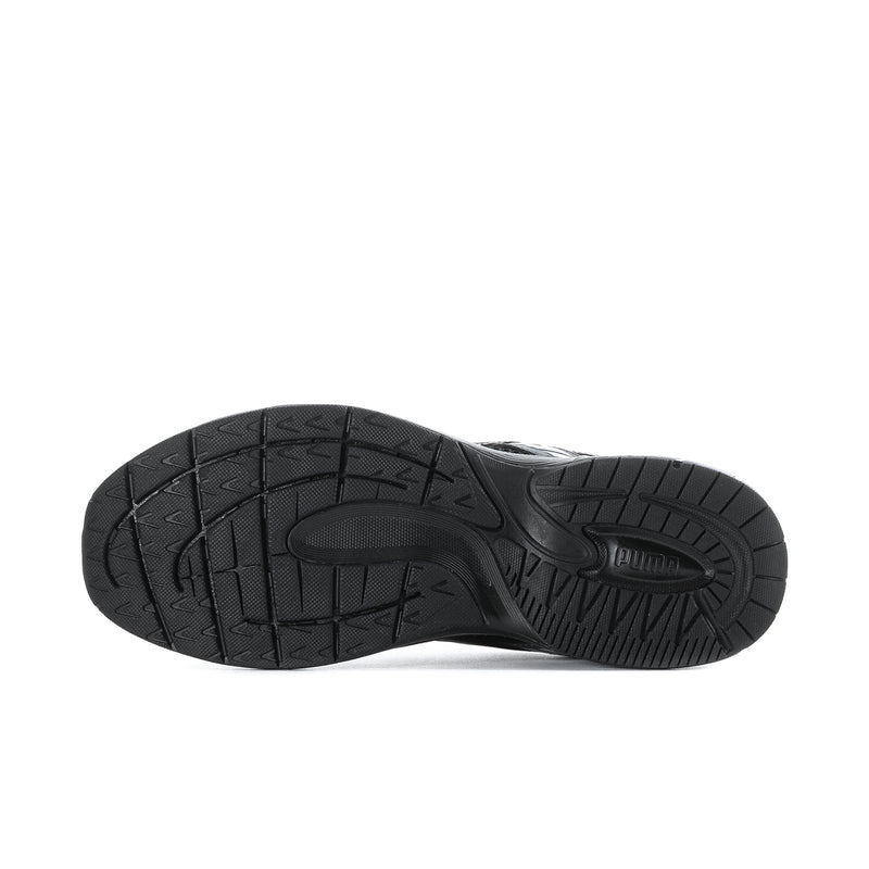 Men's Puma running shoes, outsole view, black rubber tread with logo detail