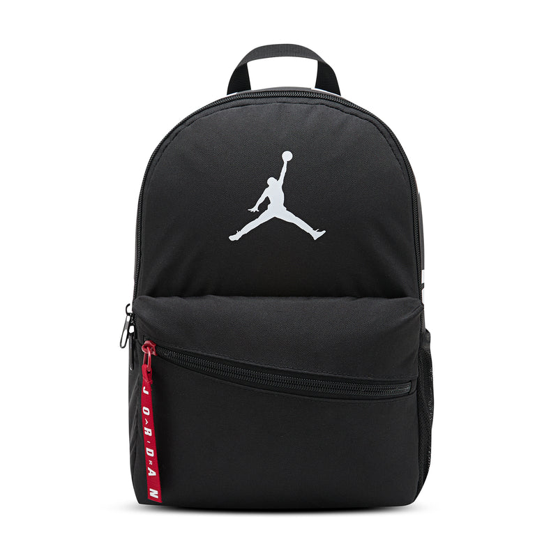 Black mini backpack with front zipper pocket and Jumpman logo, top handle