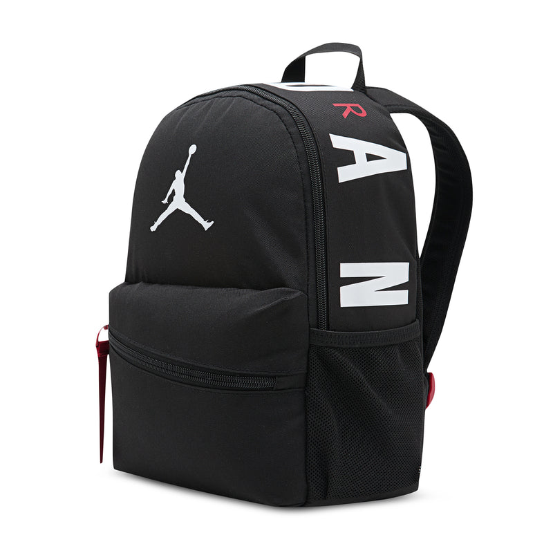 Black mini backpack with side strap, large zipper pocket, Jumpman logo patch