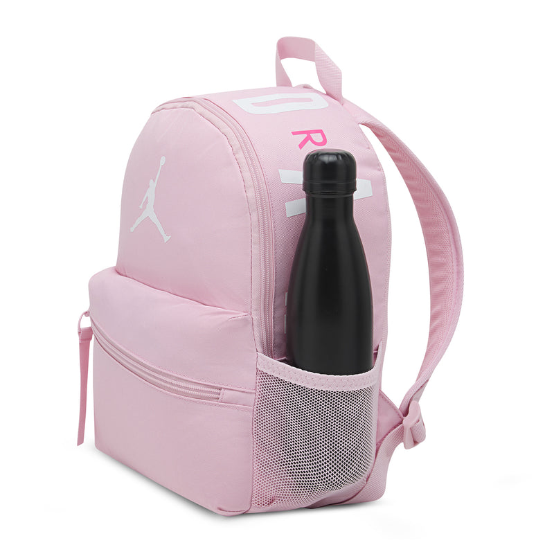 Medium soft pink mini backpack with side mesh bottle pocket and front zipper