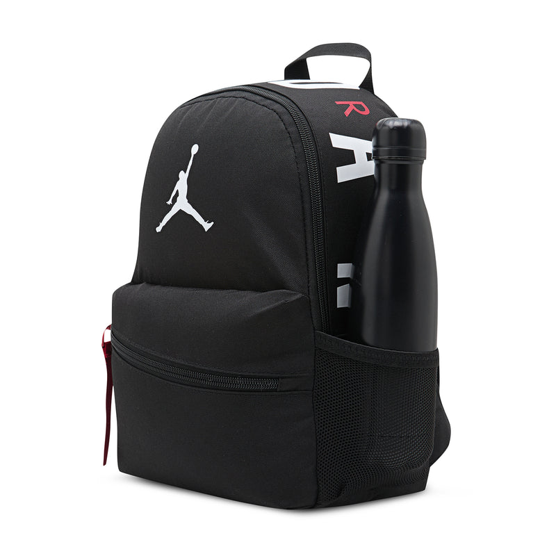 Black mini backpack with front pocket, mesh side panel, water bottle in holder