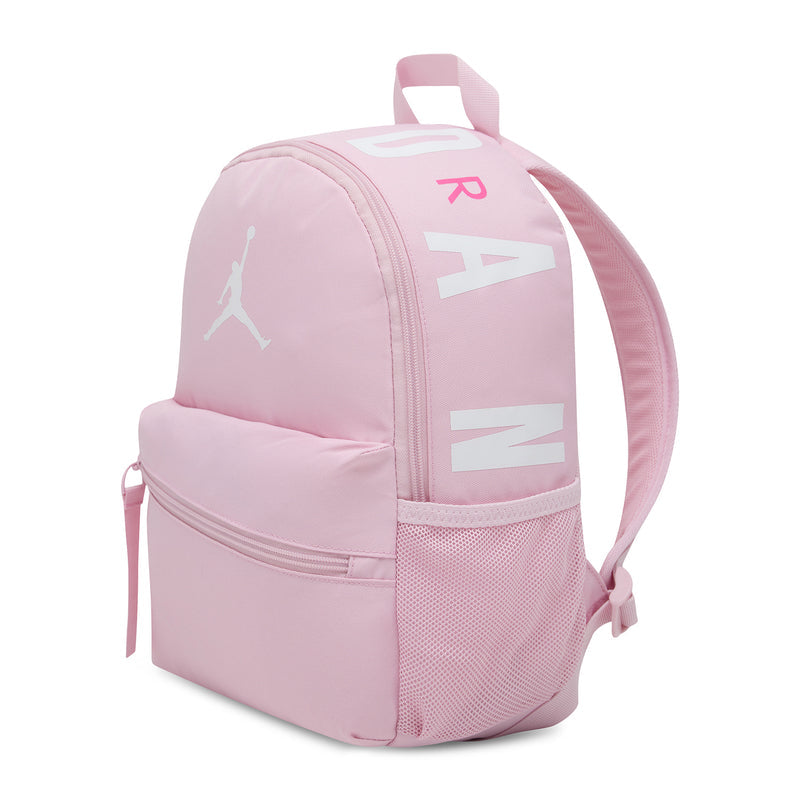 Medium soft pink mini backpack with large back lettering and Jordan logo