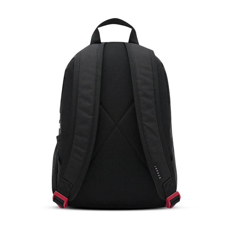 Black mini backpack back view with padded shoulder straps and top grab handle