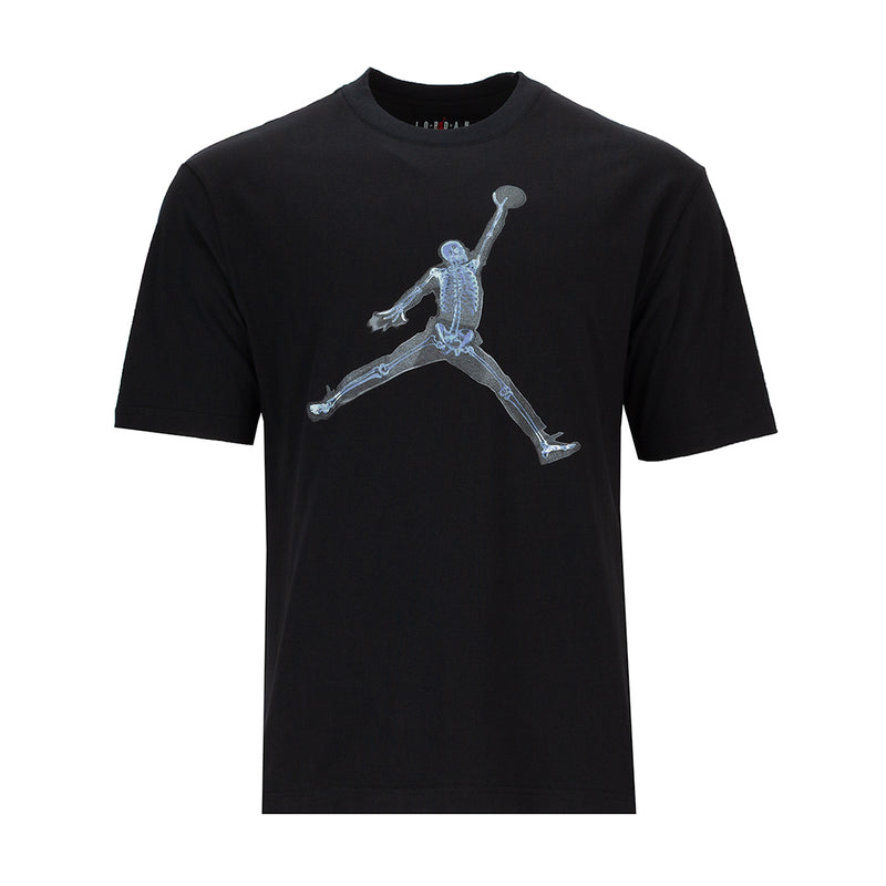 Black crewneck T-shirt with light-blue skeleton basketball graphic on chest.