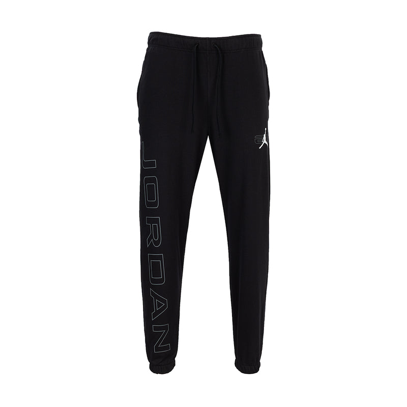 Black fleece jogger pants with drawstring and vertical Jordan wordmark graphic