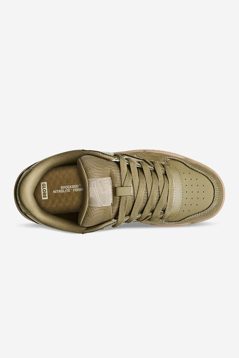 Top view of Mojo 2.0 olive and gum sneaker with lace up front and padded tongue