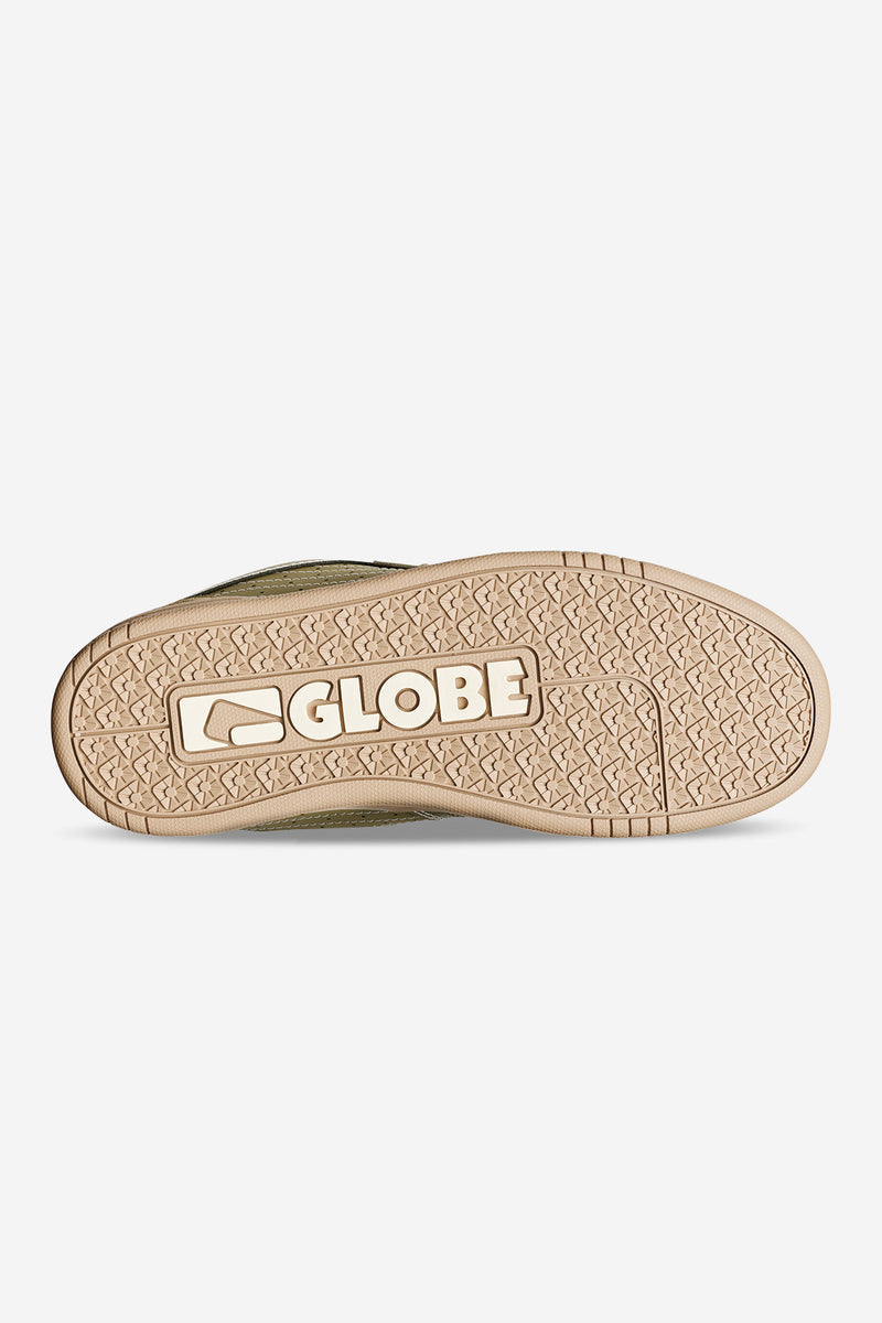 Bottom view of Mojo 2.0 olive and gum shoe displaying patterned gum outsole and Globe logo
