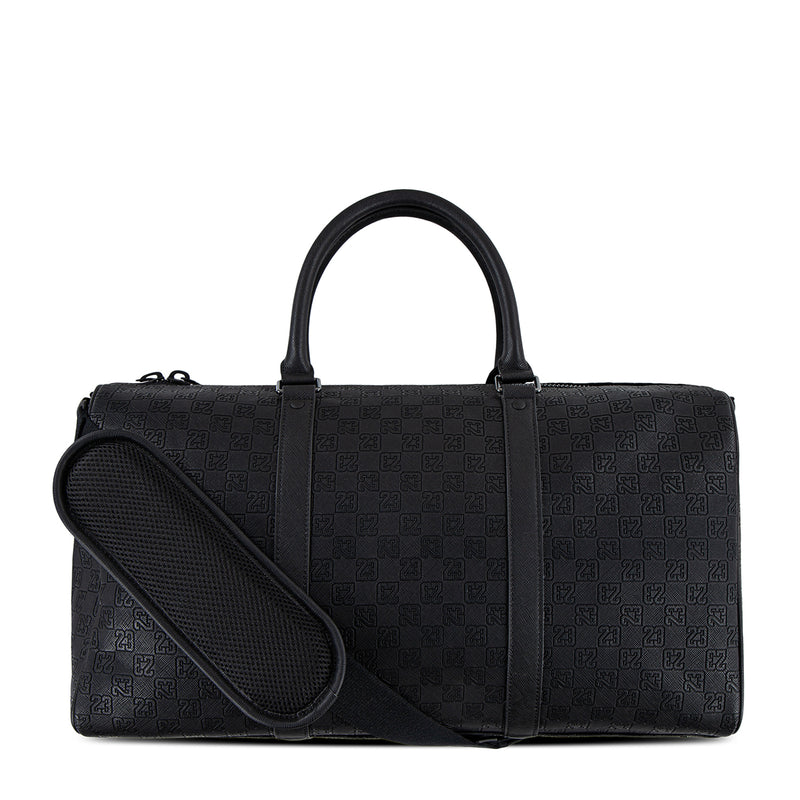 Black monogram duffel bag with top handles and crossbody shoulder strap