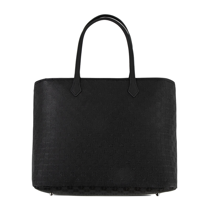 Black monogram tote bag with structured top handles, front view