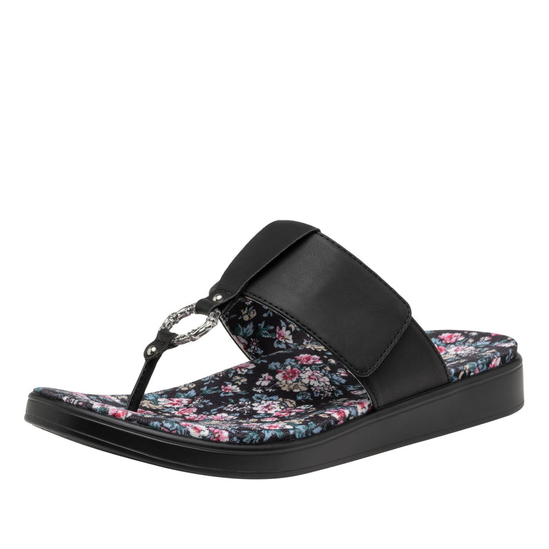 Moxi Enchanting Black Comfort Flat flip-flop sandal with adjustable hook and loop closure and decorative ring detailing set on featherweight slip-resistance outsole - MOX-7541_S1