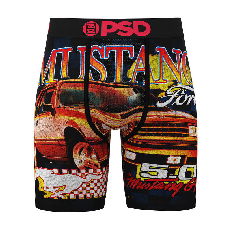 Men's black boxer briefs with Mustang GT car graphic and PSD logo waistband