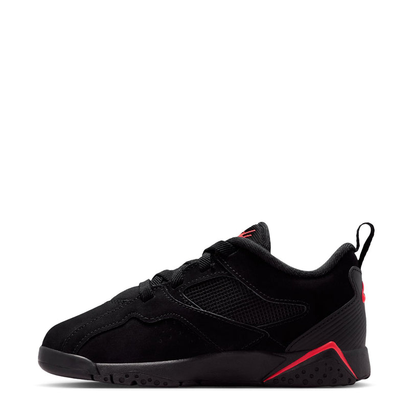 Kids black low-top sneakers with red accent midsole and lace-up closure