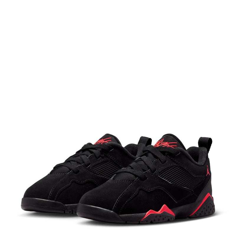 Pair of kids black sneakers with red highlights, front lace-up and mesh panels