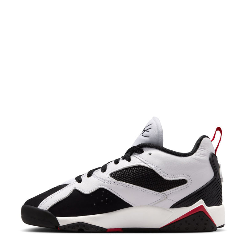 Youth lace-up sneaker with white overlays, black mesh panels, and red accent details