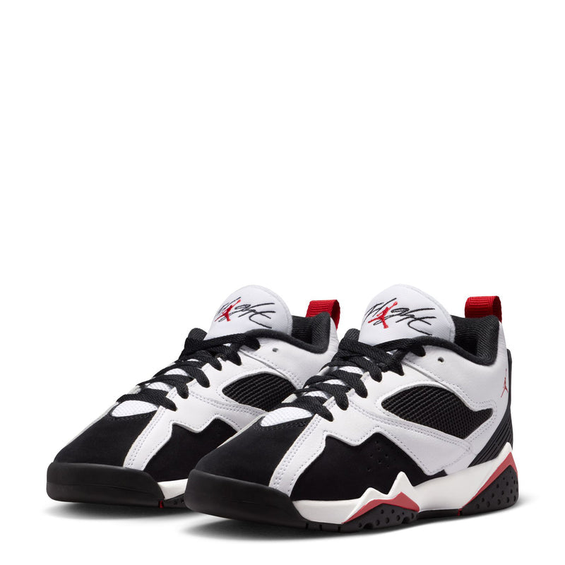 Pair of youth basketball sneakers in white, black, and red with black mesh uppers