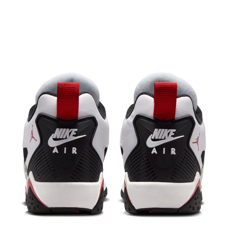 Youth sneakers heel view with red heel tabs and NIKE AIR branding on black panels