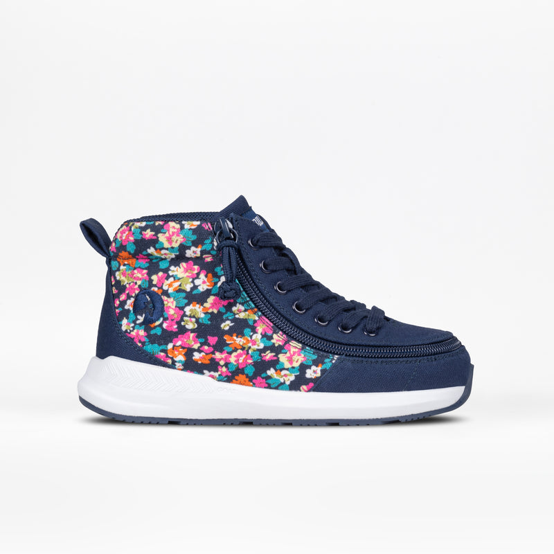 The Navy Floral BILLY Goat Classic High by BILLY Footwear is a kids’ adaptive sneaker in navy blue with a white sole, colorful floral side panel, and side zipper, shown against a plain white background.