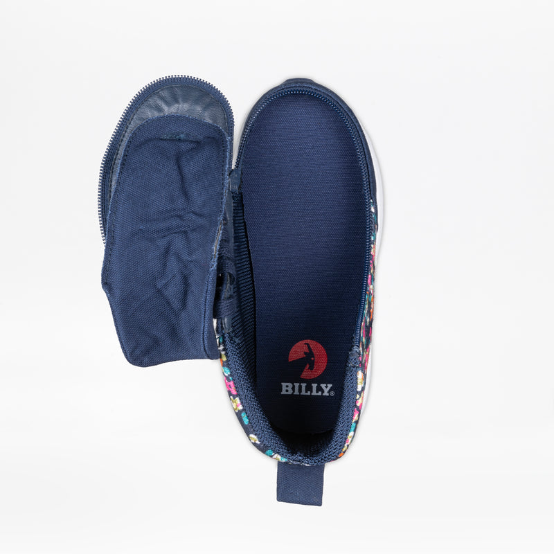 The Navy Floral BILLY Goat Classic High by BILLY Footwear is a kids’ adaptive shoe with a side zipper, multicolored trim, and an insole marked “BILLY.” It’s designed to be AFO-friendly.