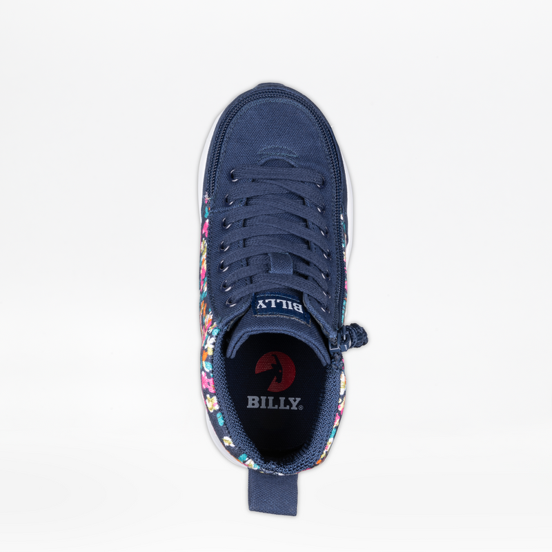 Top view of the Navy Floral BILLY Goat Classic High by BILLY Footwear, a kids’ adaptive sneaker with colorful floral side patterns, brand logo on the insole, and an outer-edge zipper for easy access.
