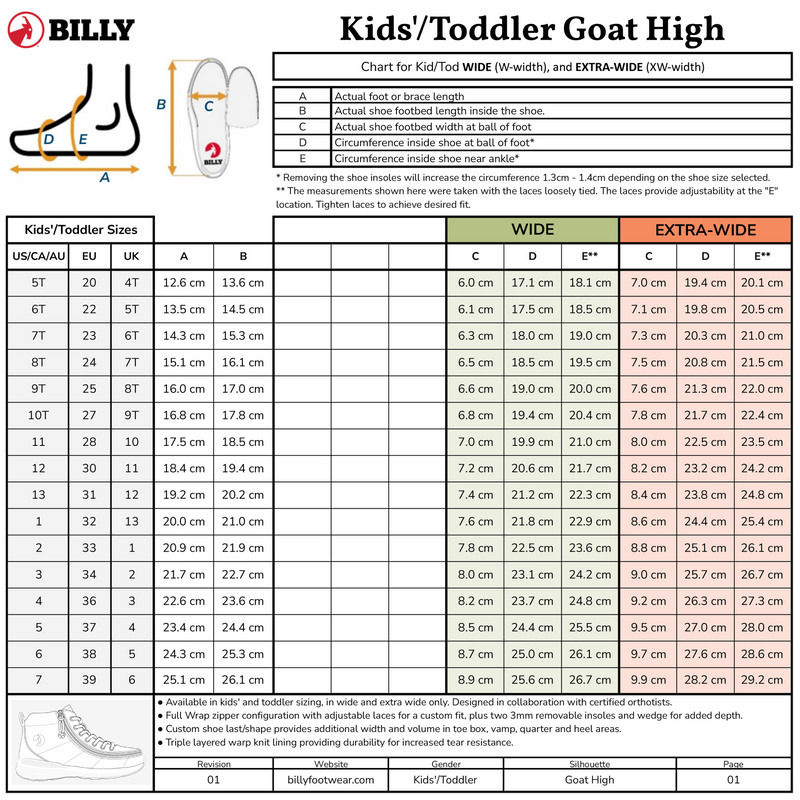 Kids and toddler sizing chart for the Black BILLY Goat Classic High by BILLY Footwear, showing US, EU, UK sizes, foot length in cm, wide shoe measurements, plus a shoe diagram and measurement instructions.