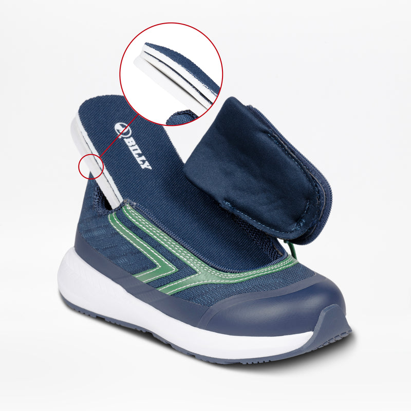 The Navy/Green BILLY Goat by BILLY Footwear features a navy and green design with a white sole. Shown unzipped and open, an inset spotlights the zipper, making this AFO-friendly sneaker easy to put on and take off.