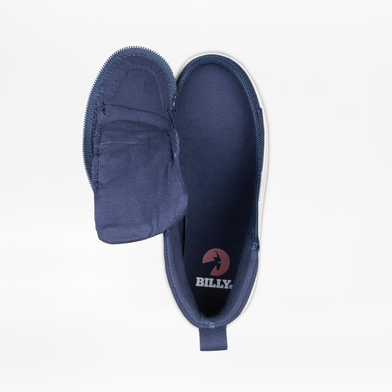 The Navy/White BILLY CS High by BILLY Footwear, a kids’ high top sneaker with a side zipper showing the insole and BILLY logo, is displayed from above on a white background.