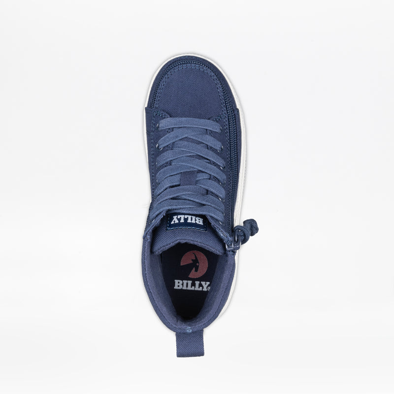 Top view of a Navy/White BILLY CS High sneaker by BILLY Footwear, featuring laces, heel pull tab, and branded tongue and insole. This adaptive kids' shoe is displayed on a plain white background.