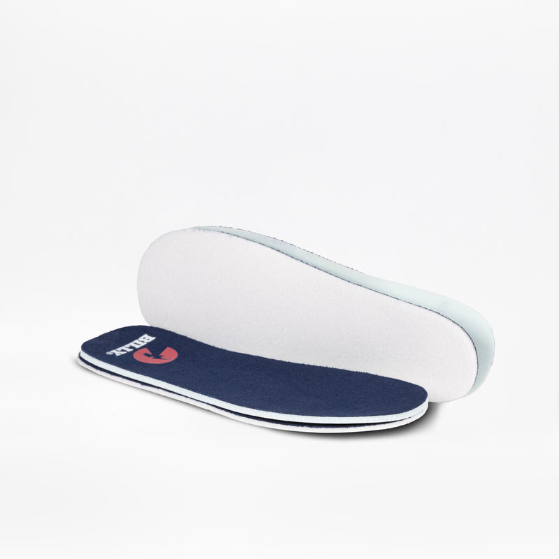 A pair of Navy/White BILLY CS High insoles by BILLY Footwear, one face up with the logo and the other showing the white underside, displayed on a white background.