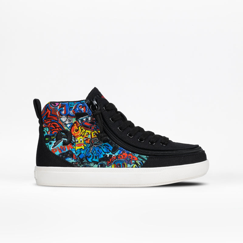 The Kids'/Toddler Classic D|R II High by BILLY Footwear, in Night Sk8ter, is a black high-top with a wide toe box, white sole, and blue, red, and yellow graffiti art on the side—great for kids' orthotic needs. Shown on a plain white background.